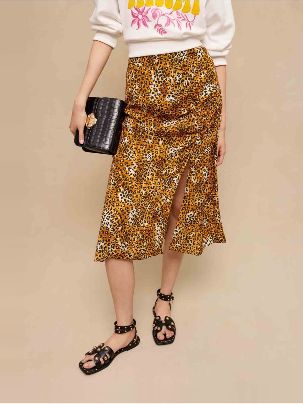 MAJE Animal Print Midi Skirt with Front Slit - Yellow Leopard